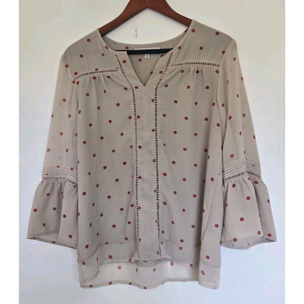 Fever Top Womens M Sheer Cream Poet Sleeve Y2K Polka Dot‎ Goblincore Casual Fall